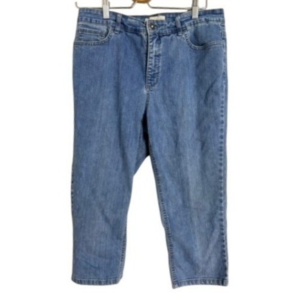 Laura Ashley Womens Blue Denim Cropped Capris Embellished Pockets Size 12